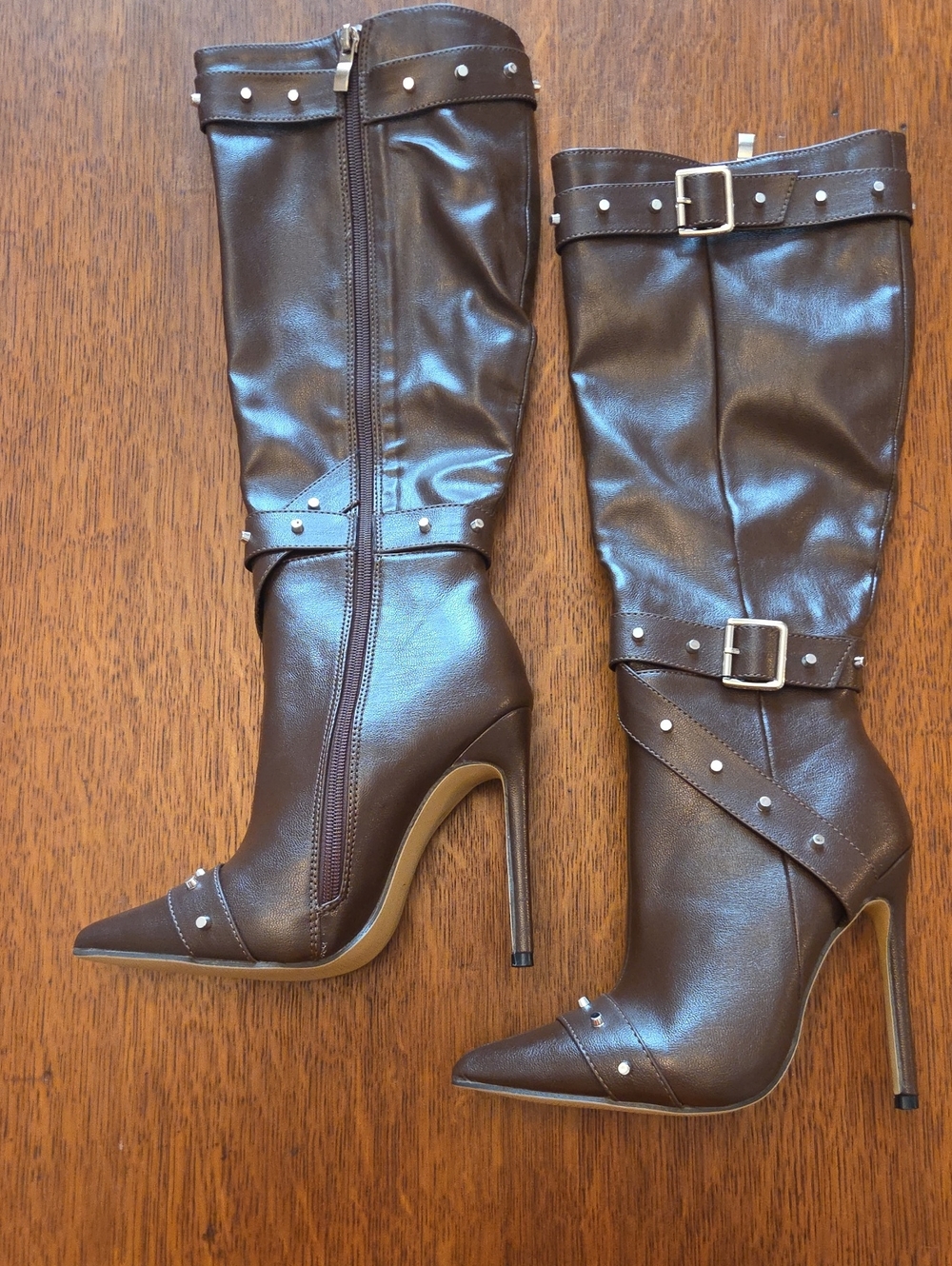 Brown High-Heel Knee Boots with Studded Straps